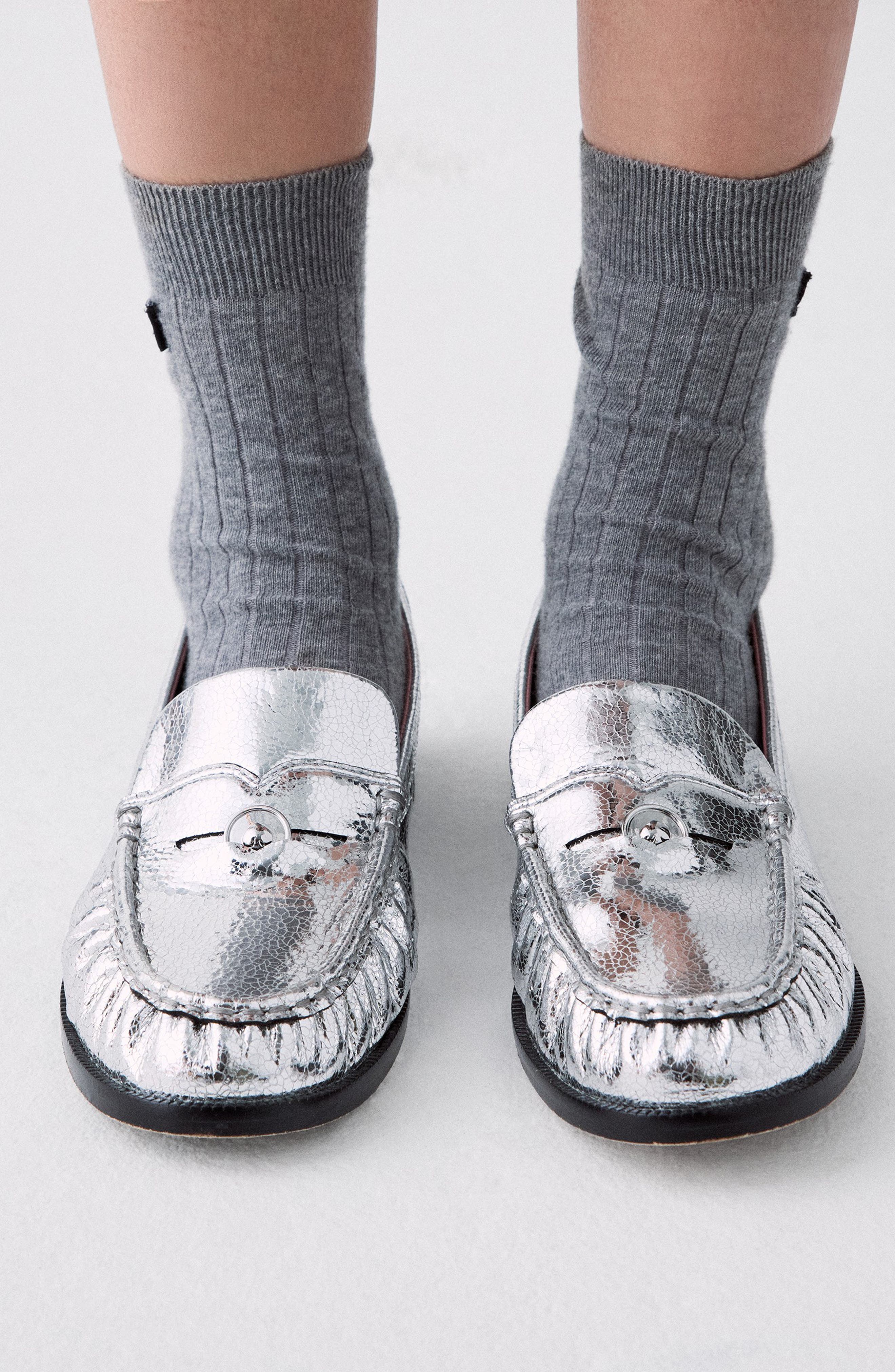 metallic leather penny loafer, Alternate, color, SILVER