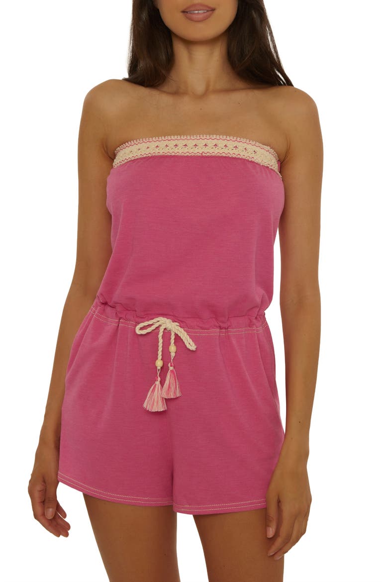 Laguna Tie Waist Strapless Cover-Up Romper, Main, color, BERRY PINK