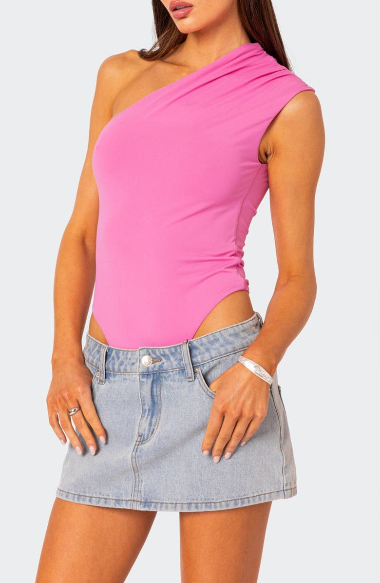 EDIKTED Tabby Gathered One-Shoulder Bodysuit, Alternate, color, Pink
