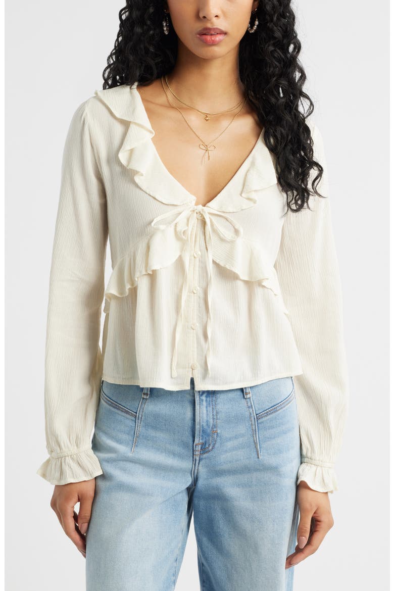 Ruffle Tie Neck Button-Up Shirt, Main, color, IVORY DOVE