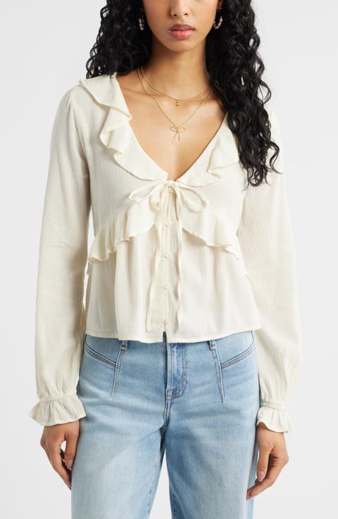 Ruffle Tie Neck Button-Up Shirt