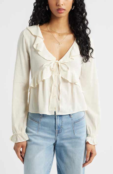 BP. Ruffle Tie Neck Button-Up Shirt