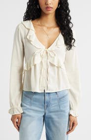 BP. Ruffle Tie Neck Button-Up Shirt
