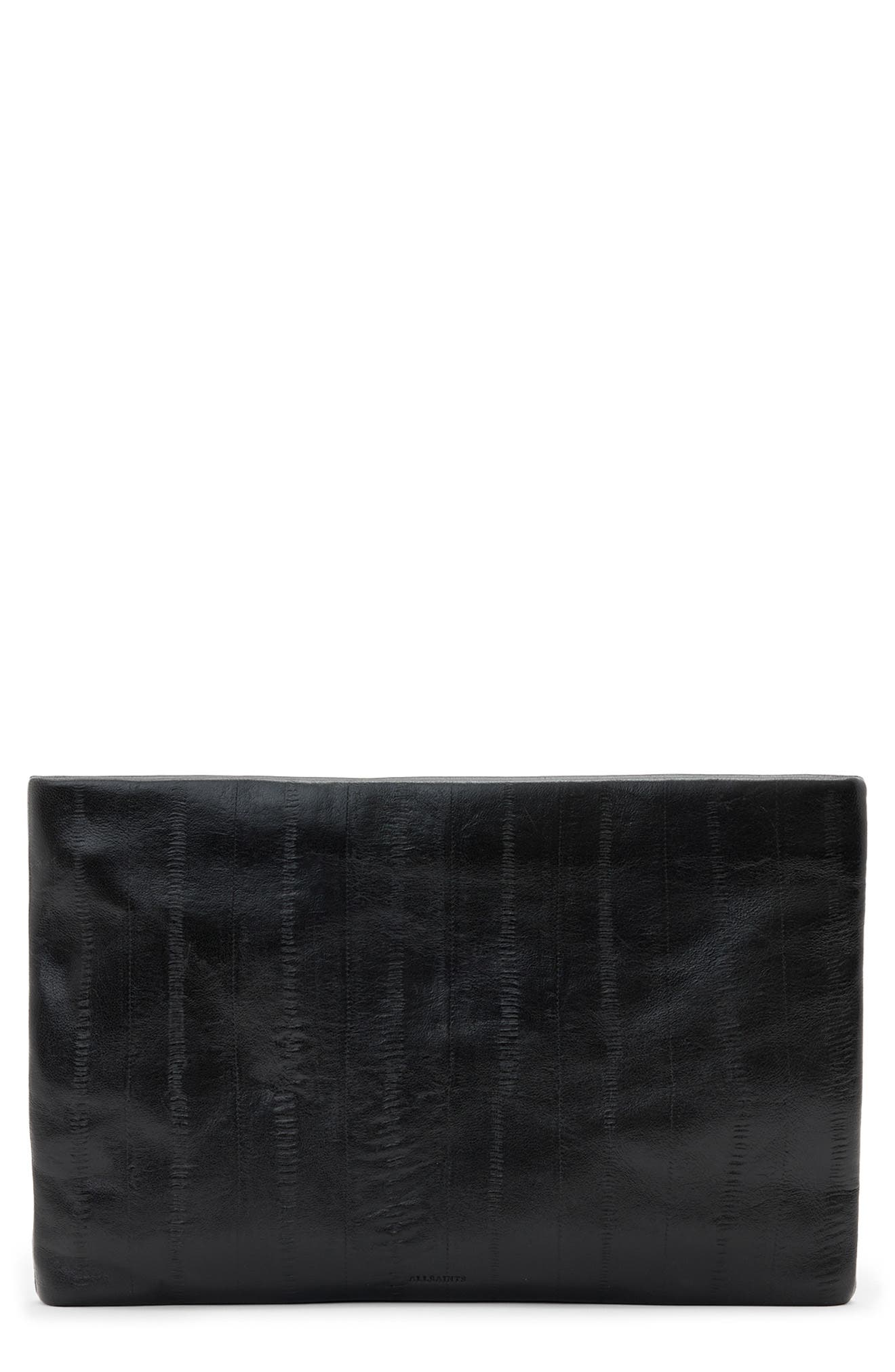 AllSaints Bettina Eel Skin Embossed Leather Clutch, Main, color, Black