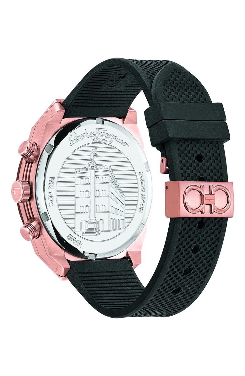 FERRAGAMO Salvatore Ferragamo SLX Chronograph Rubber Strap Watch, 43mm, Alternate, color, Black/ Rose Gold