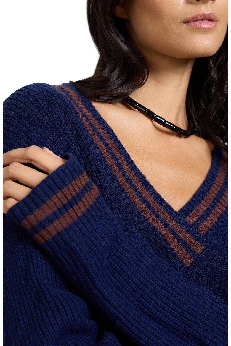 Deep V-neck Varsity Pullover Sweater, Alternate, color, NOIR NAVY/CHESTNUT