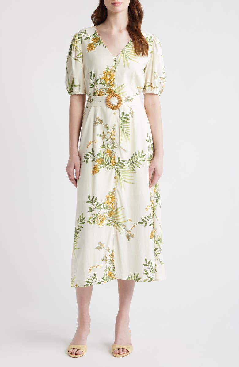 ZOE AND CLAIRE Printed Puff Sleeve Belted Midi Dress, Main, color, Green Multi