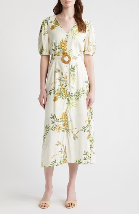 Printed Puff Sleeve Belted Midi Dress