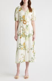 ZOE AND CLAIRE Printed Puff Sleeve Belted Midi Dress