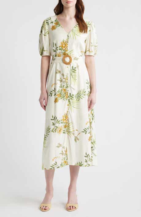 Printed Puff Sleeve Belted Midi Dress