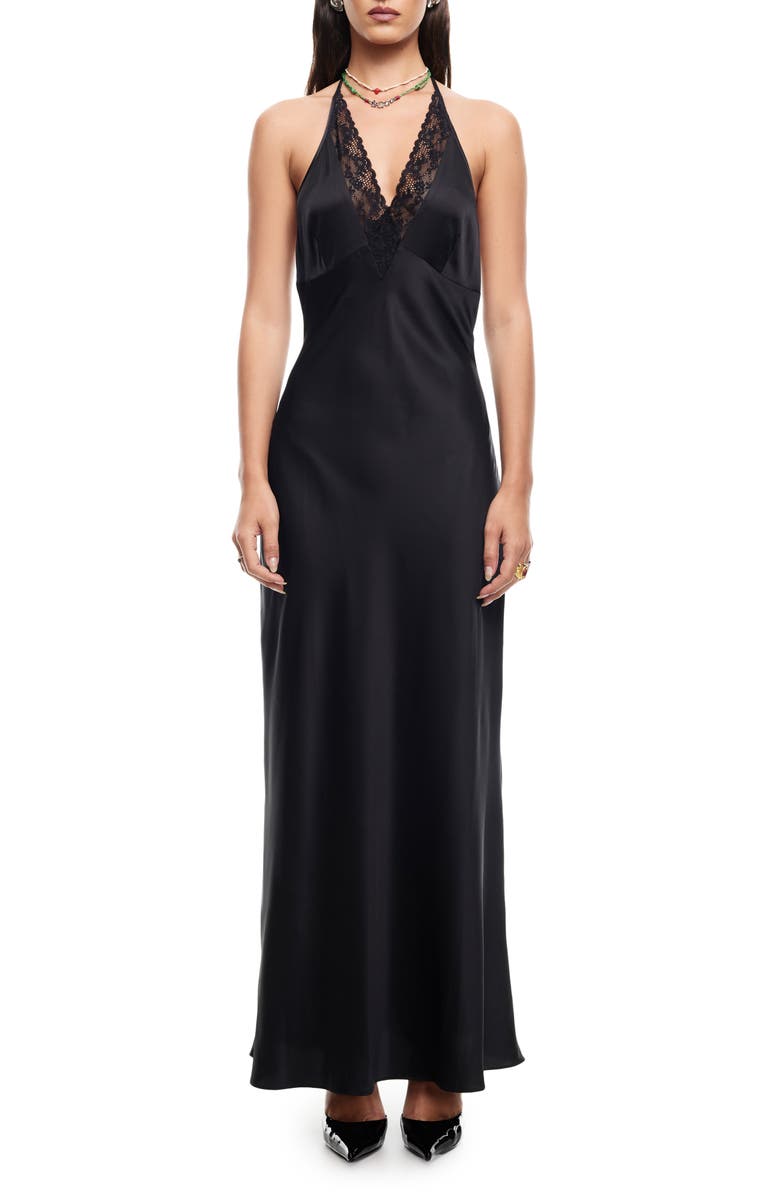 LIONESS Shoreline Plaid Lace Trim Halter Maxi Dress, Main, color, Ink