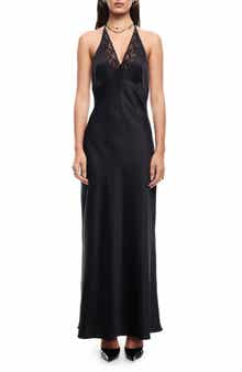 LIONESS Shoreline Plaid Lace Trim Halter Maxi Dress