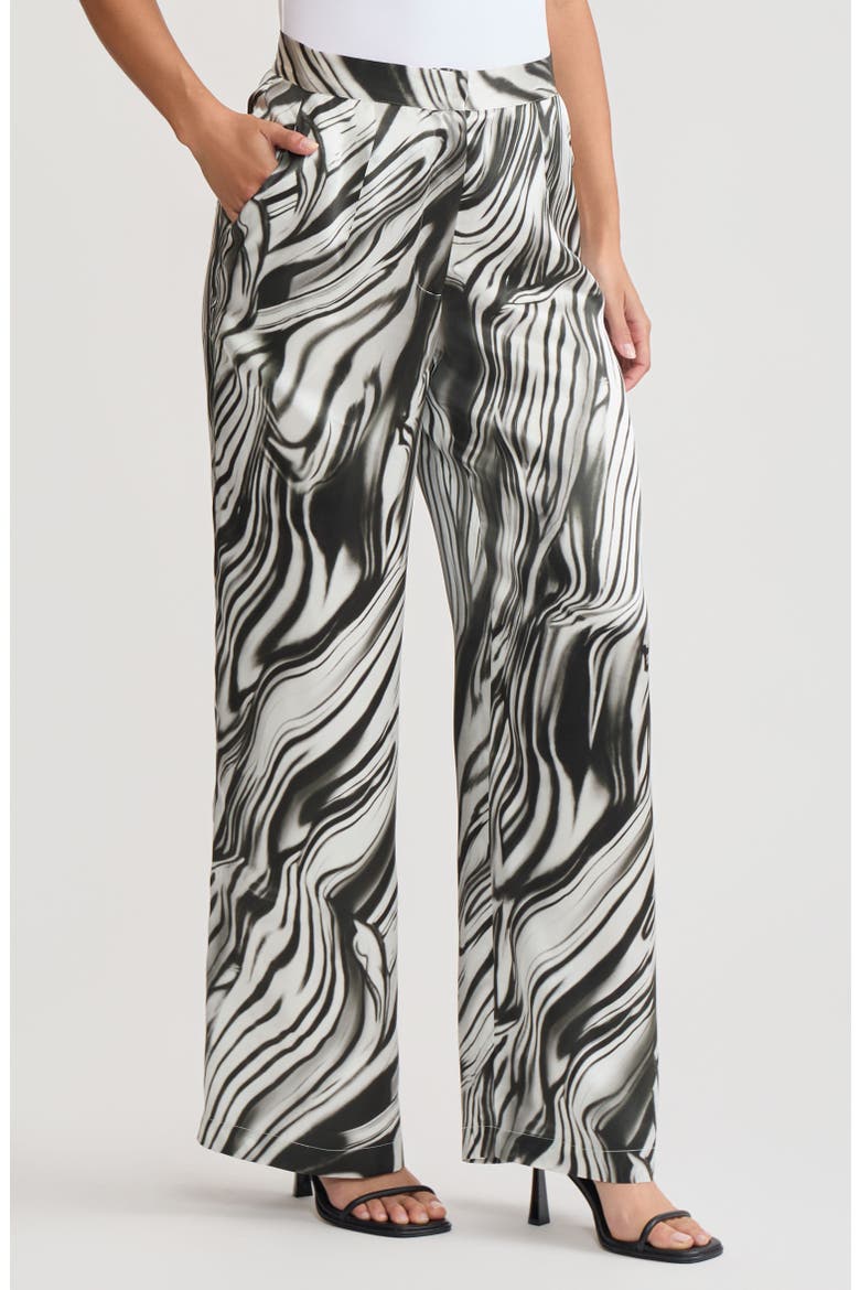 Marble Print Wide Leg Silk Pant, Alternate, color, Black/White