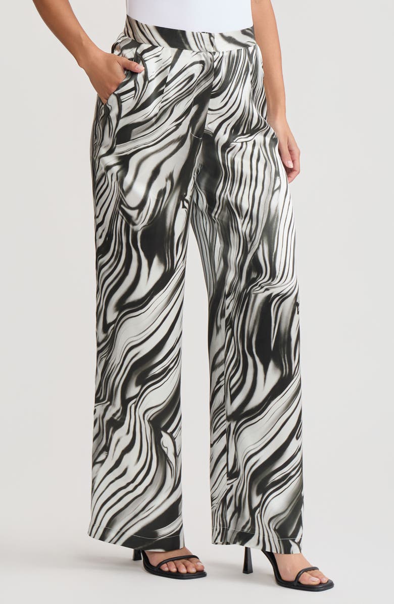 Misook Marble Print Wide Leg Silk Pant, Alternate, color, Black/White