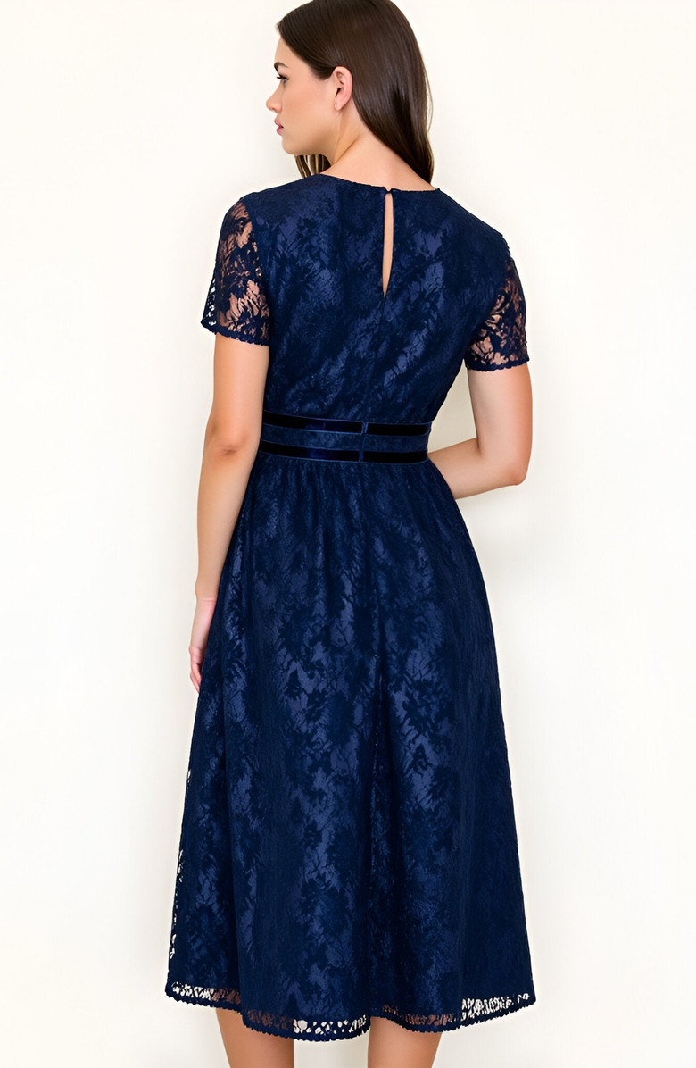 Modenaire Lace Midi Dress with Sheer Short Sleeves and Velvet Waistband Detail, Alternate, color, Navy