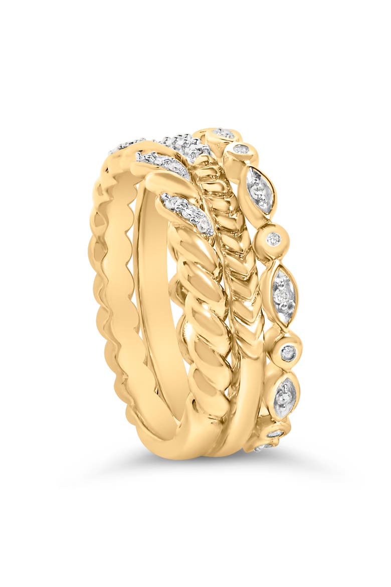 14K Yellow Gold Plated Sterling Silver 1/4 Cttw Diamond Twist Leaf Stackable Ring Set, Alternate, color, Yellow Gold over Silver