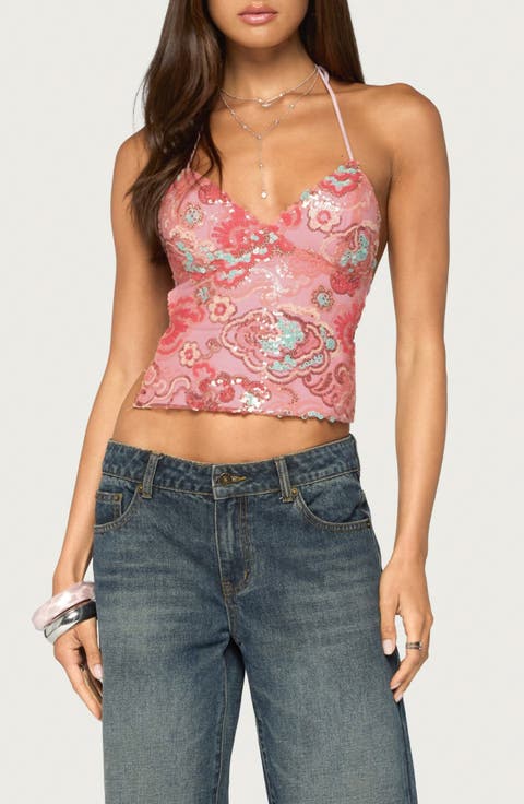 Cheri Beaded Floral Sequin Halter Top