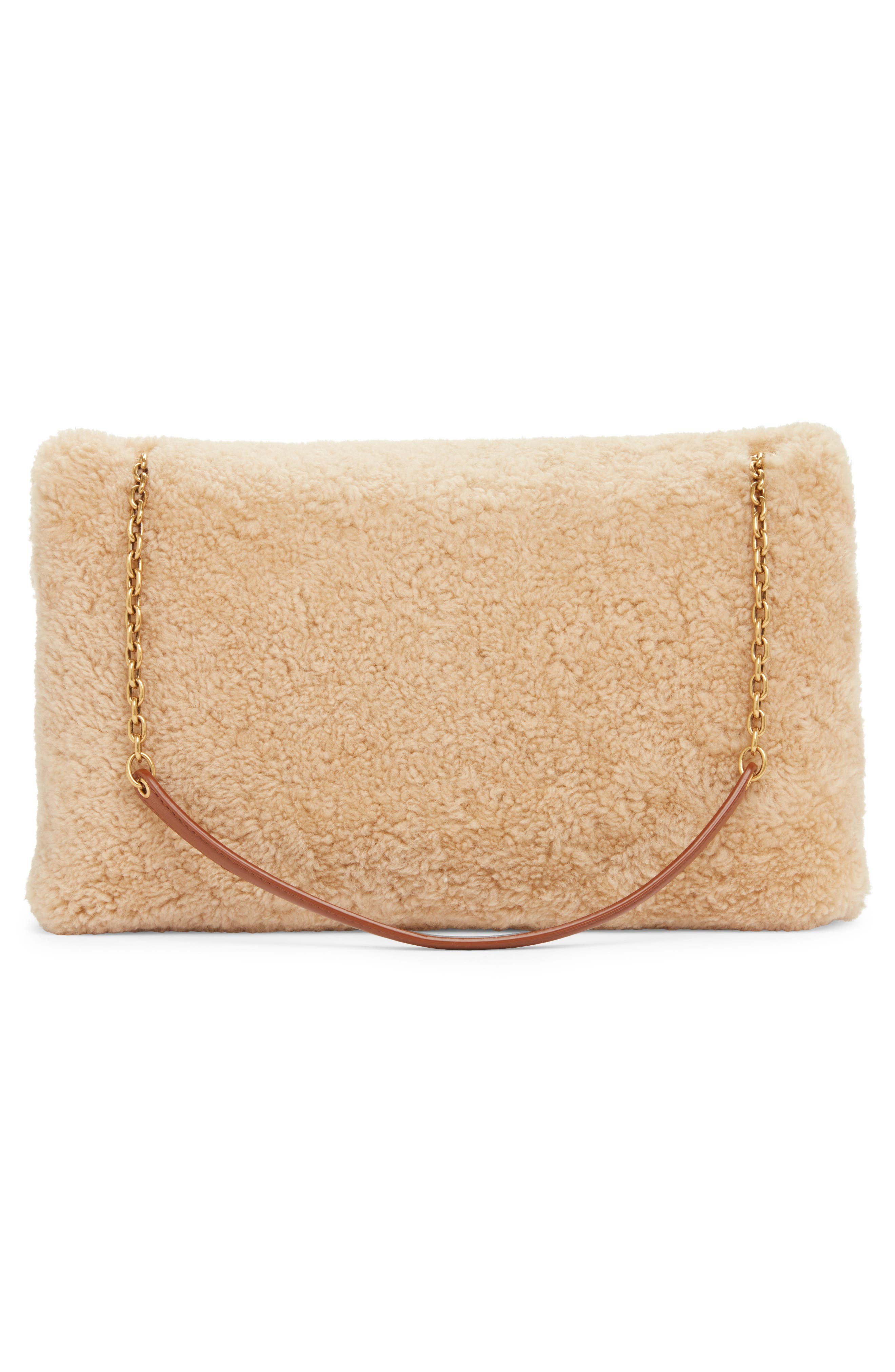 Saint Laurent Cassandre Genuine Shearling Shoulder Bag, Alternate, color, Naturel/ Brick