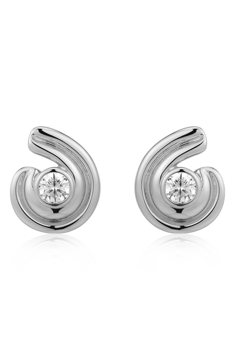 Luv AJ Wave Bezel Cubic Zirconia Twisted Stud Earrings, Main, color, Silver