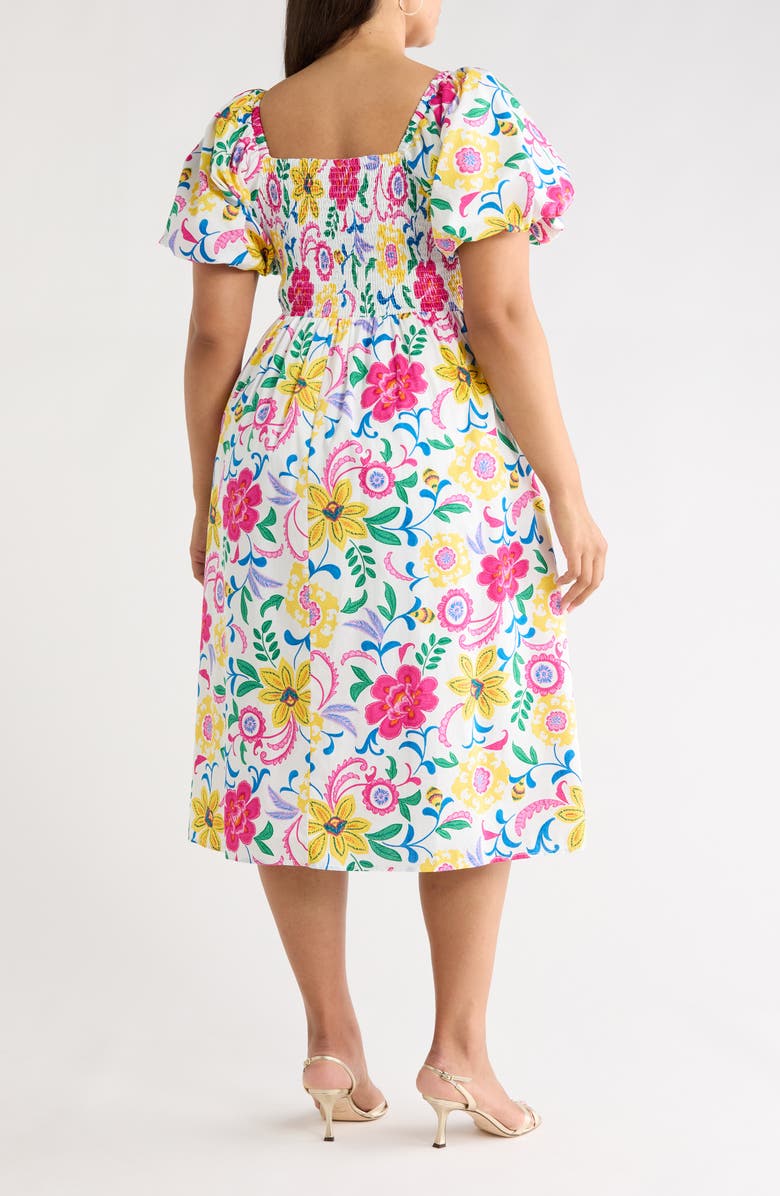 SUGARLIPS Kress Floral Print Smocked Midi Dress, Alternate, color, White Multi
