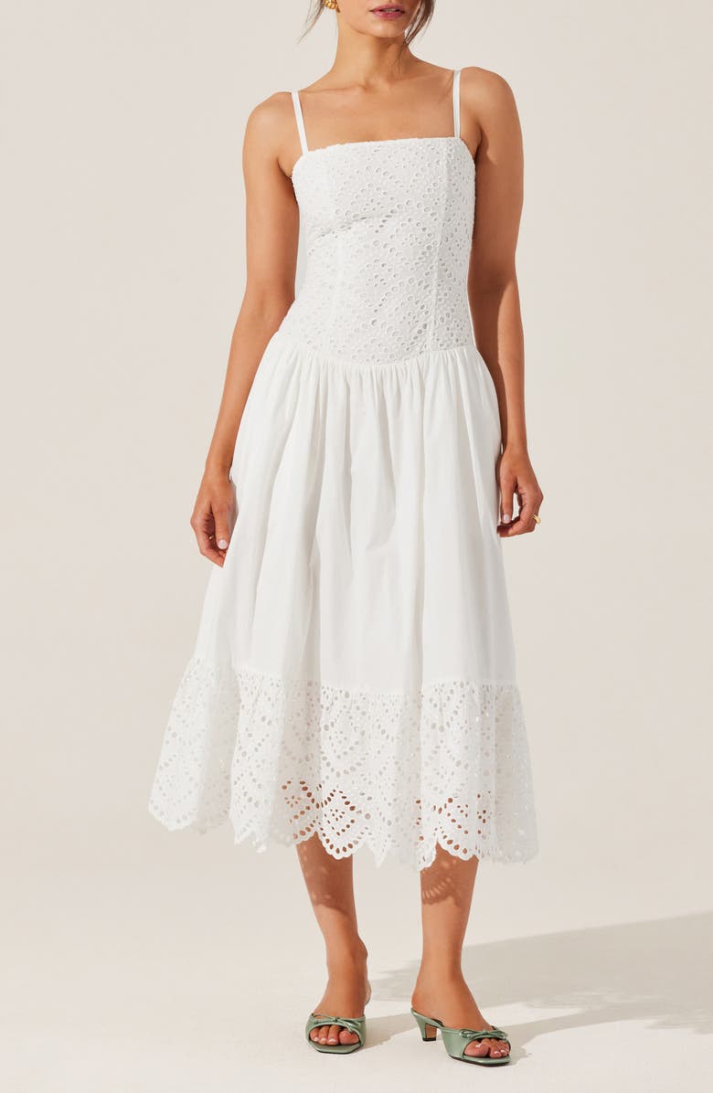 ASTR the Label Nathalia Eyelet Embroidered Cotton Midi Dress, Main, color, White