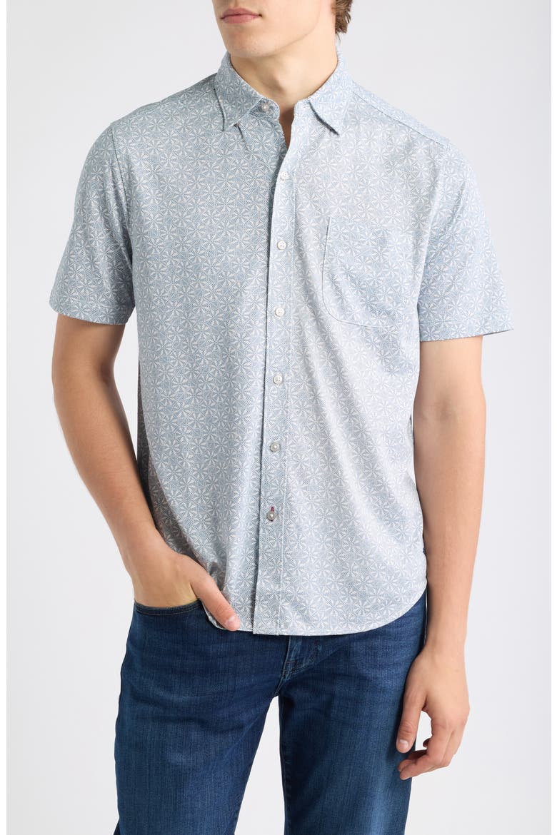San Lucio Breeze Block IslandZone® Knit Short Sleeve Cotton Blend Button-Up Shirt, Main, color, BLUE ASH