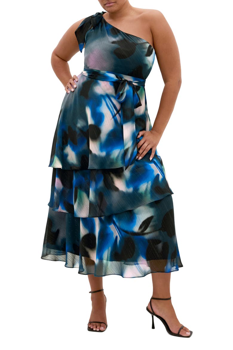 Metallic One-Shoulder Tiered Dress, Main, color, HAZE BLOOM