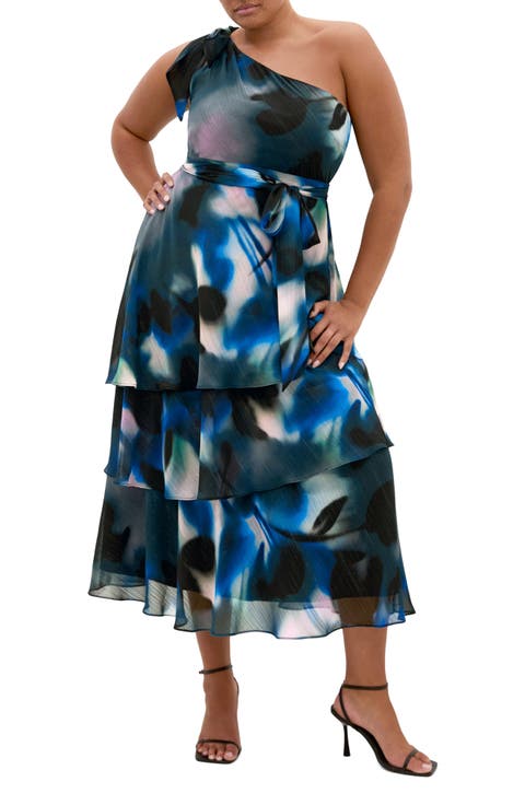 Metallic One-Shoulder Tiered Dress (Plus)