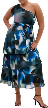 City Chic Metallic One-Shoulder Tiered Dress