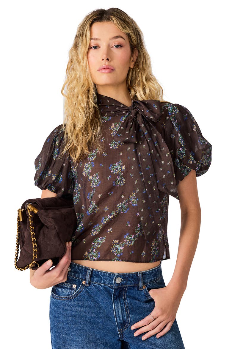 Lolanie Tie Neck Puff Sleeve Top, Alternate, color, DARK ESPRESSO