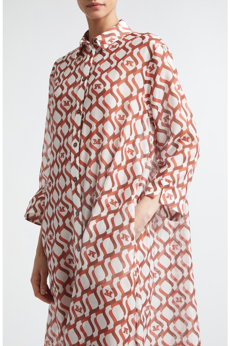 Beachwear Monogram Print Long Sleeve Cotton & Silk Voile Shirtdress, Alternate, color, WHITE
