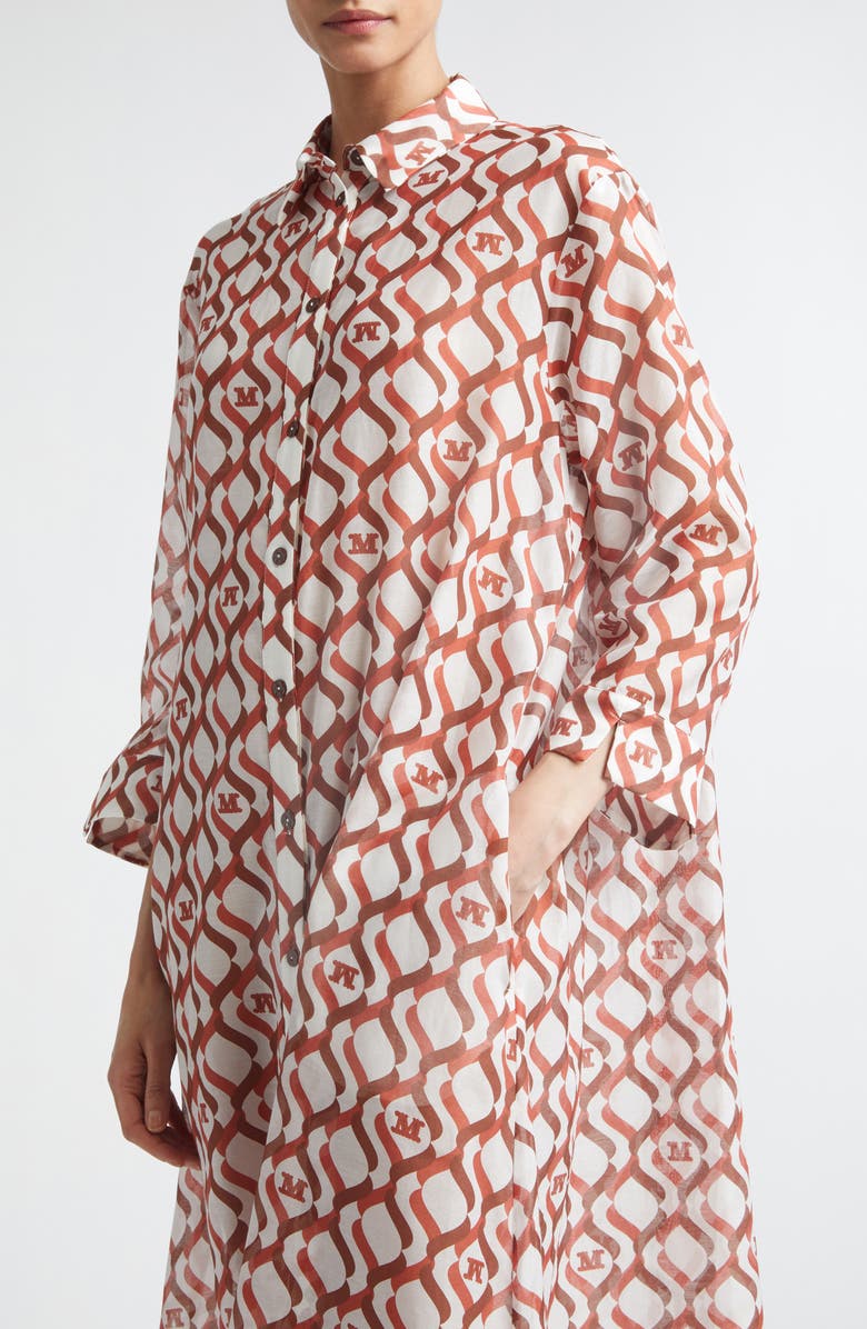 Max Mara Monogram Print Long Sleeve Cotton & Silk Voile Shirtdress, Alternate, color, White