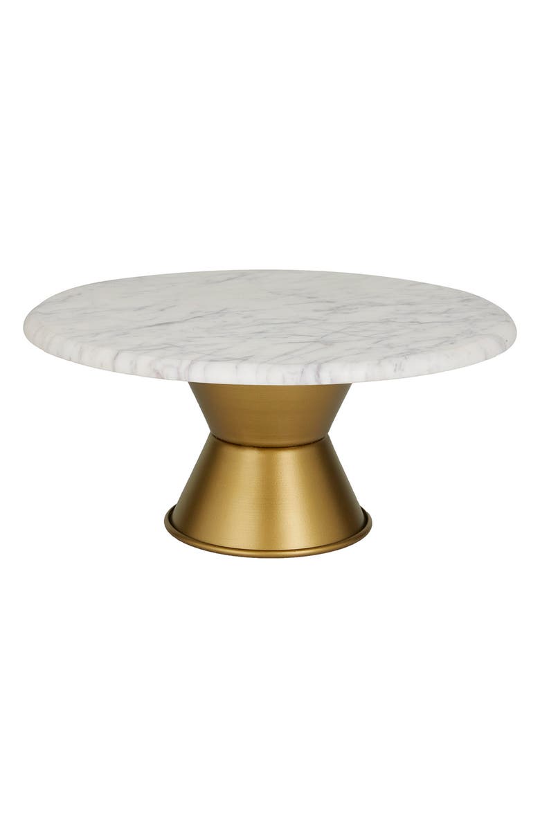 WILLOW ROW White Ceramic Cake Stand with Goldtone Base, Main, color,