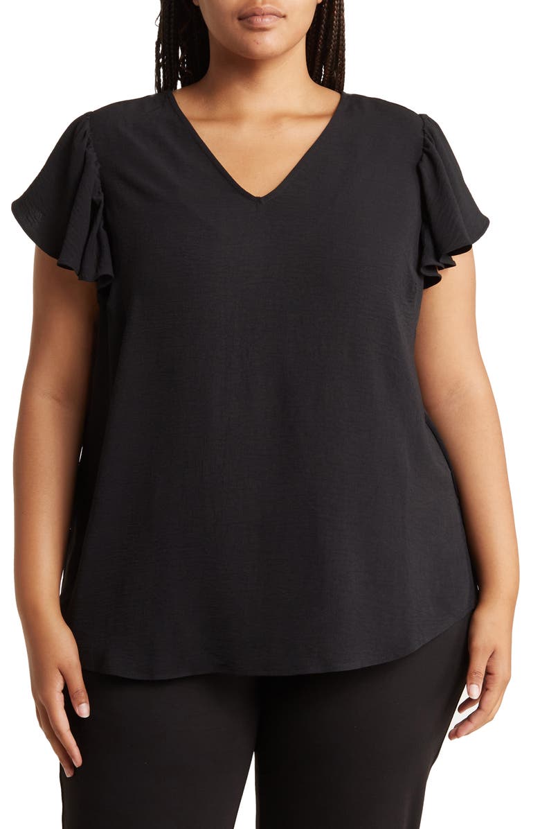 Adrianna Papell Flutter Sleeve V-Neck Blouse, Main, color, Black
