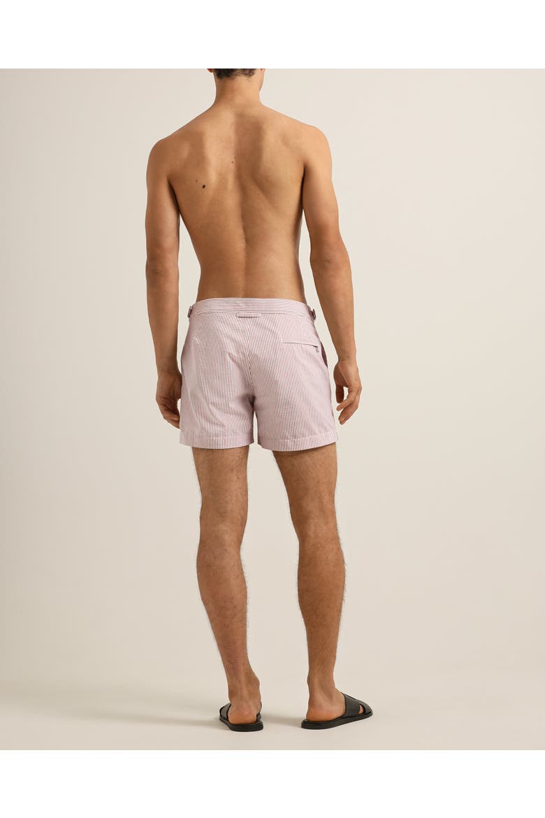Setter Seersucker Stripe Shorter-Length Tailored-Fit Swim Shorts, Alternate, color, Vermillion/White Stripe