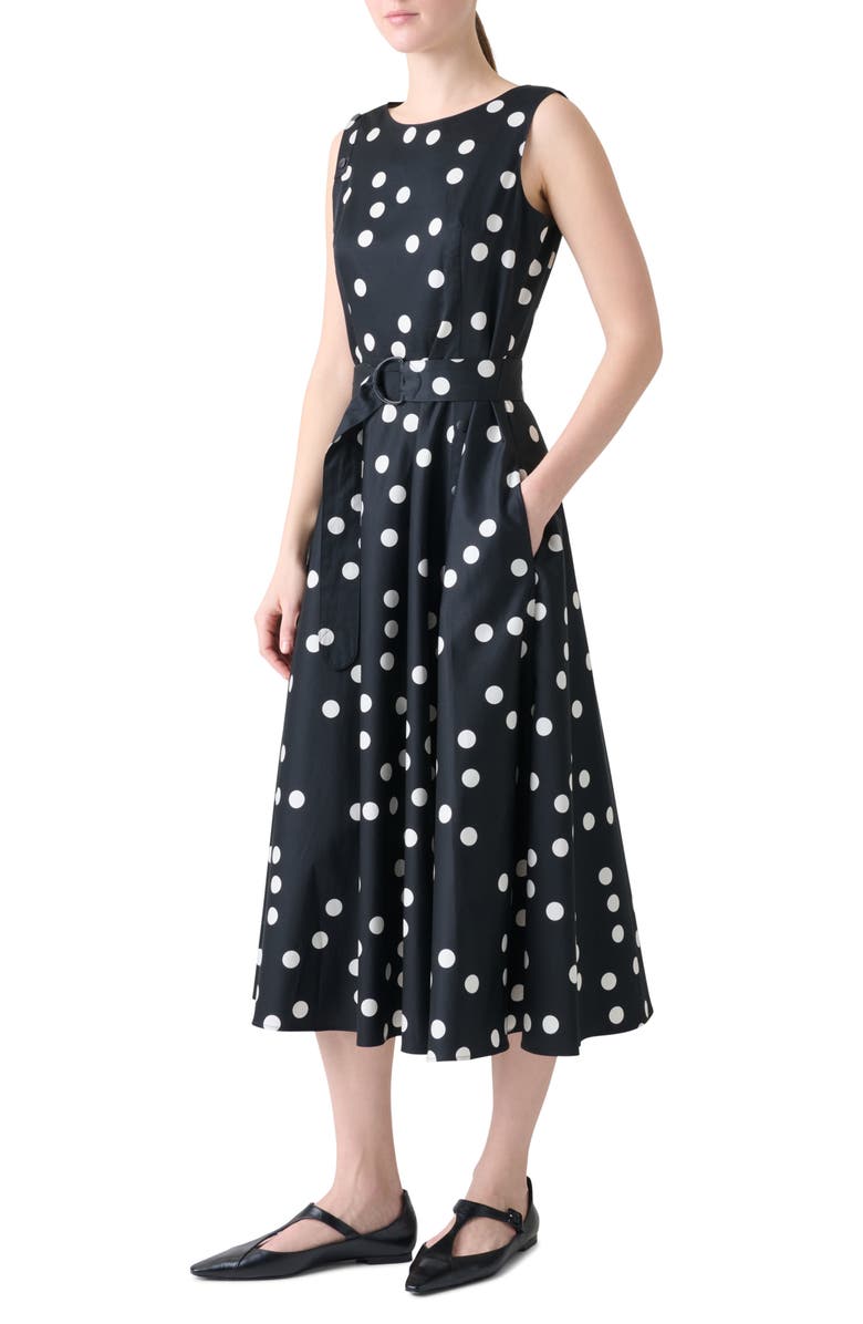 Akris punto Polka Dot Sleeveless Belted Midi Dress, Alternate, color, Black-Cream