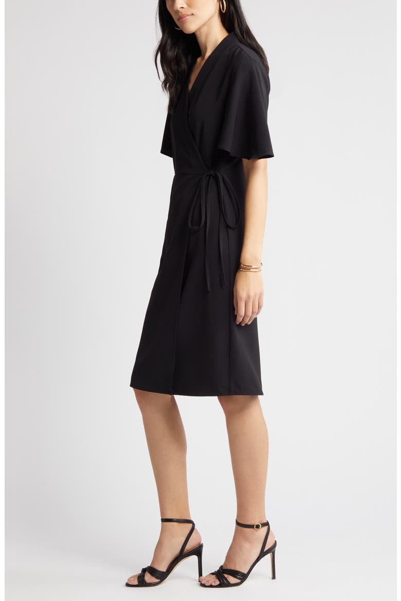 Butterfly Sleeve Crêpe de Chine Wrap Dress, Alternate, color, BLACK