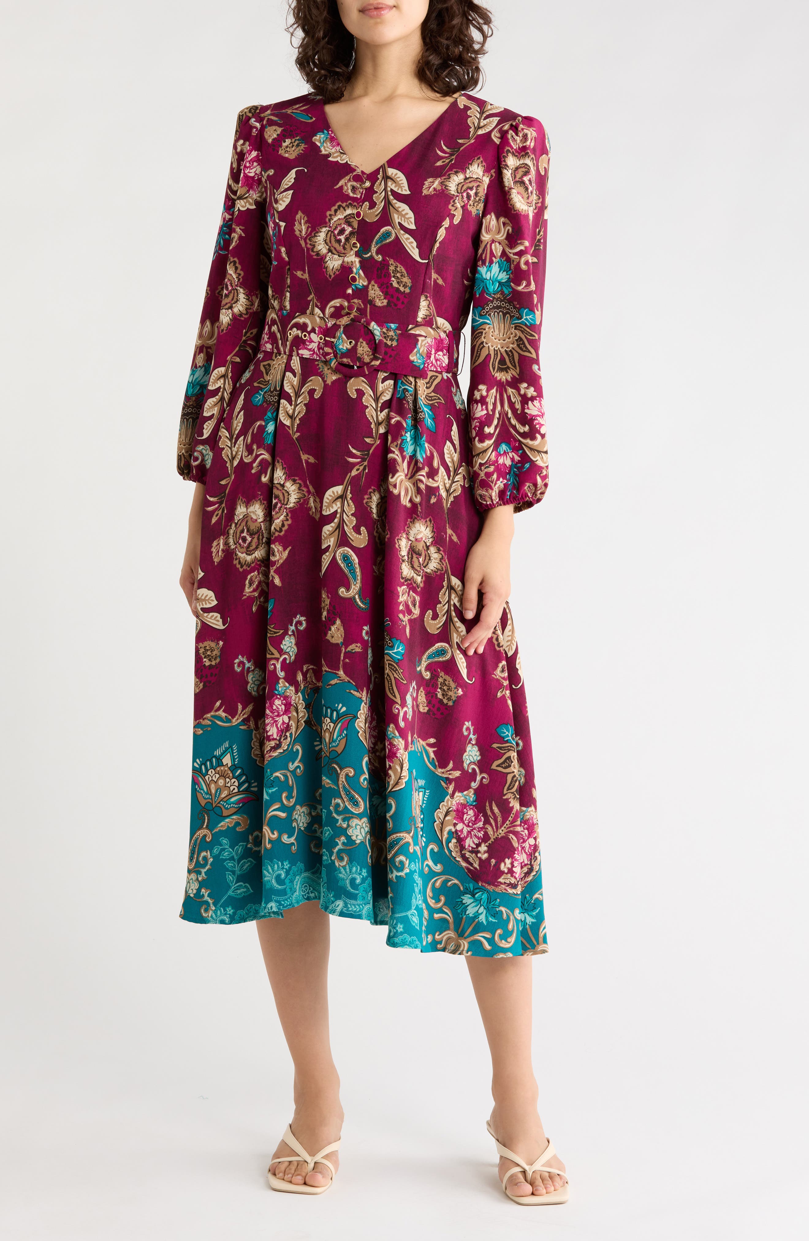 Belted Long Sleeve Midi Dress