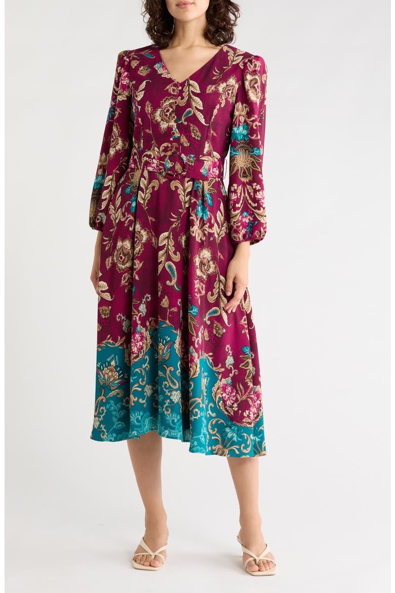 Belted Long Sleeve Midi Dress, Main, color, CRANBERRY TEAL