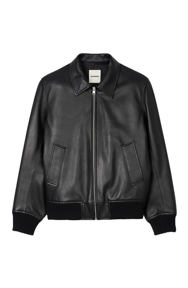 SANDRO Plain leather jacket, Alternate, color, Black