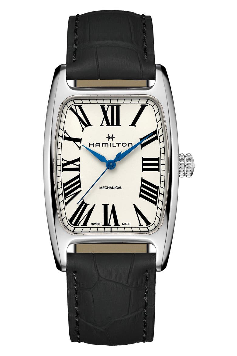 American Boulton Leather Strap Watch, 34.5mm x 38mm, Main, color, BLACK/ WHITE/ SILVER