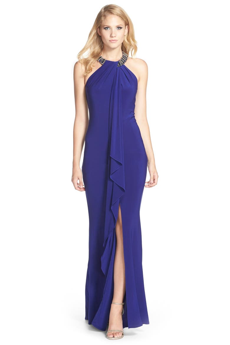 Embellished Cascade Jersey Gown, Main, color, ROYAL