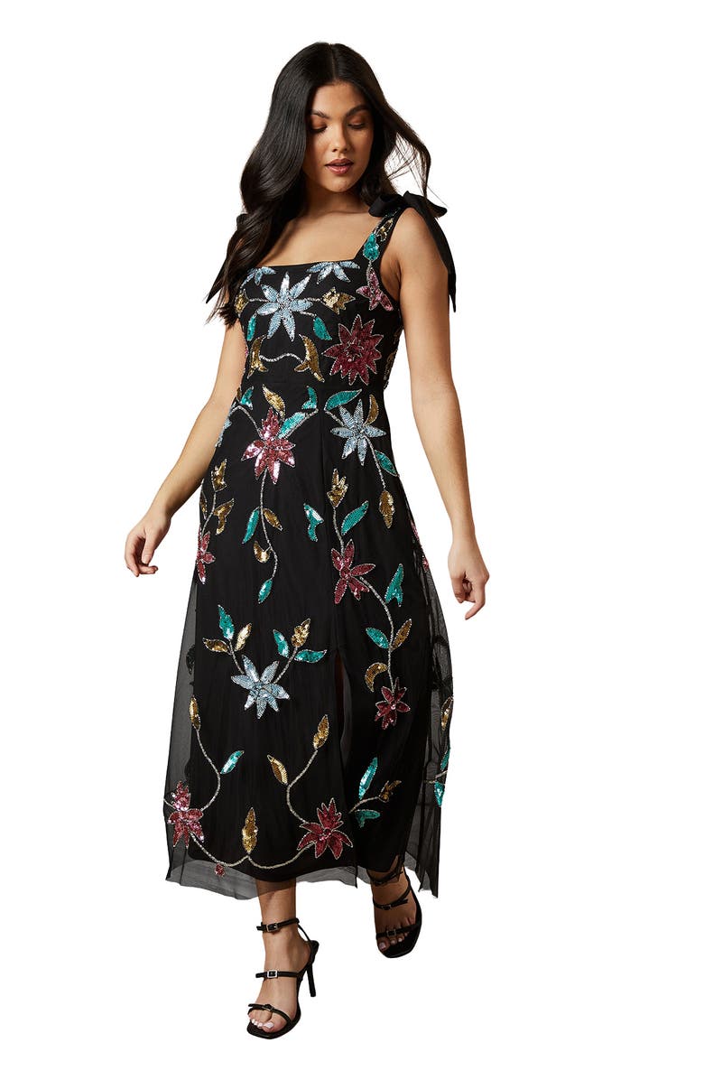 Oasis Floral Embellished Split Midi Dress, Main, color, Black