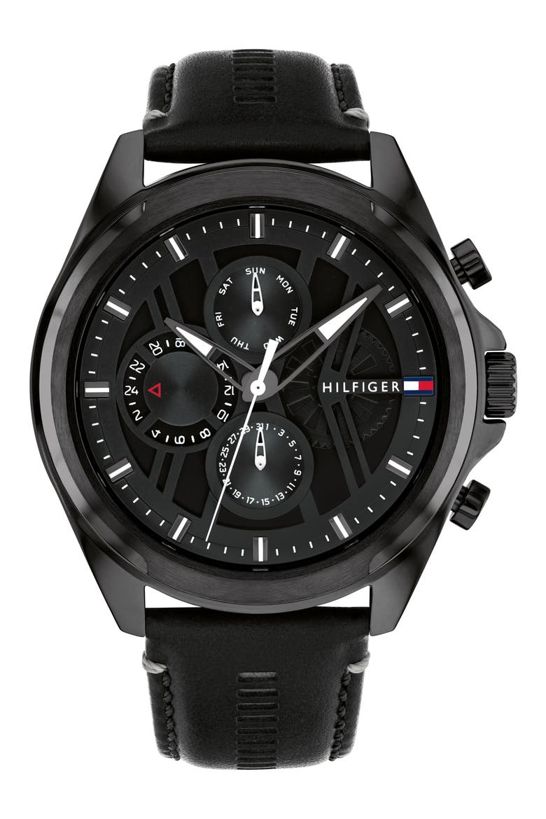 Jax Multifunction Leather Strap Watch, Main, color, BLACK