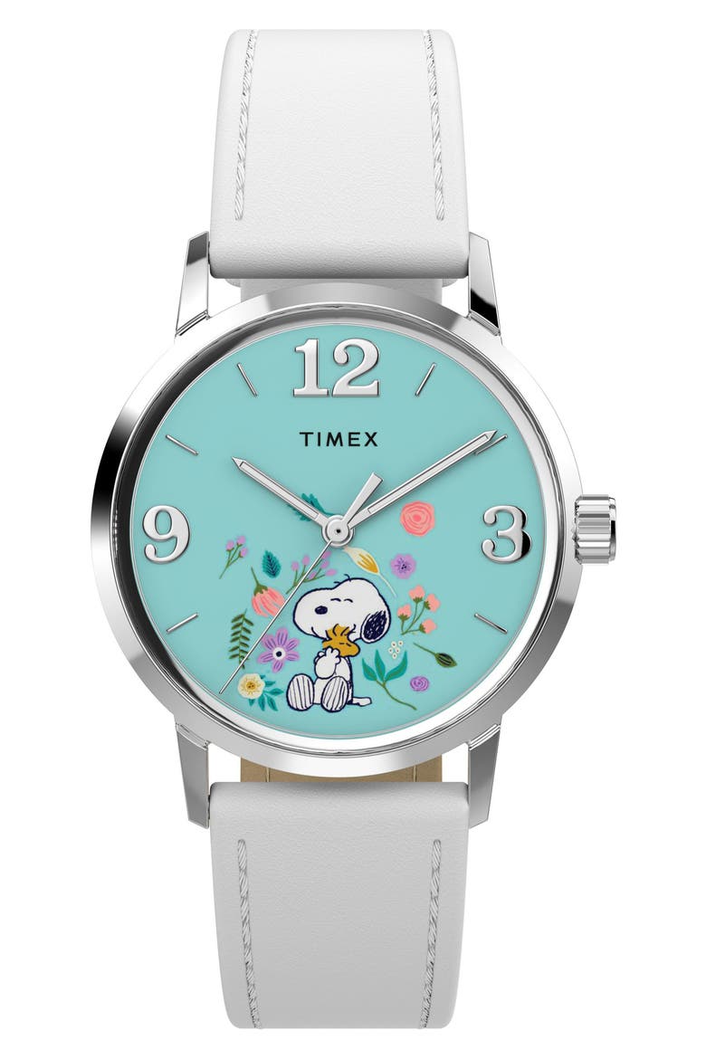 Peanuts® x Timex Marlin® Flower Dial 38mm Leather Strap Watch, Main, color, SILVER-TONE