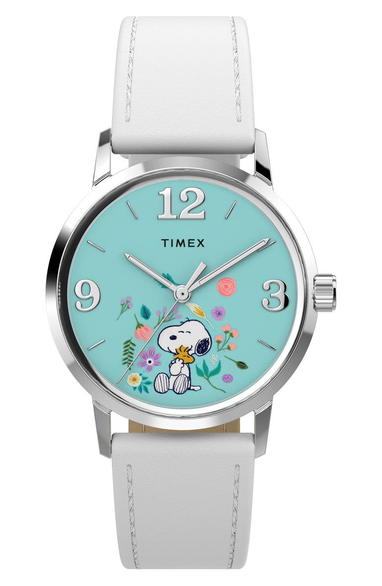 Timex<sup>®</sup> Peanuts<sup>®</sup> x Timex Marlin<sup>®</sup> Flower Dial 38mm Leather Strap Watch, Main, color, Blue/ Silver-Tone