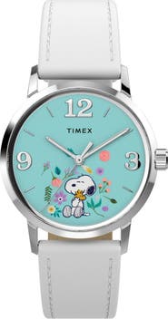 Timex® Peanuts® x Timex Marlin® Flower Dial 38mm Leather Strap Watch