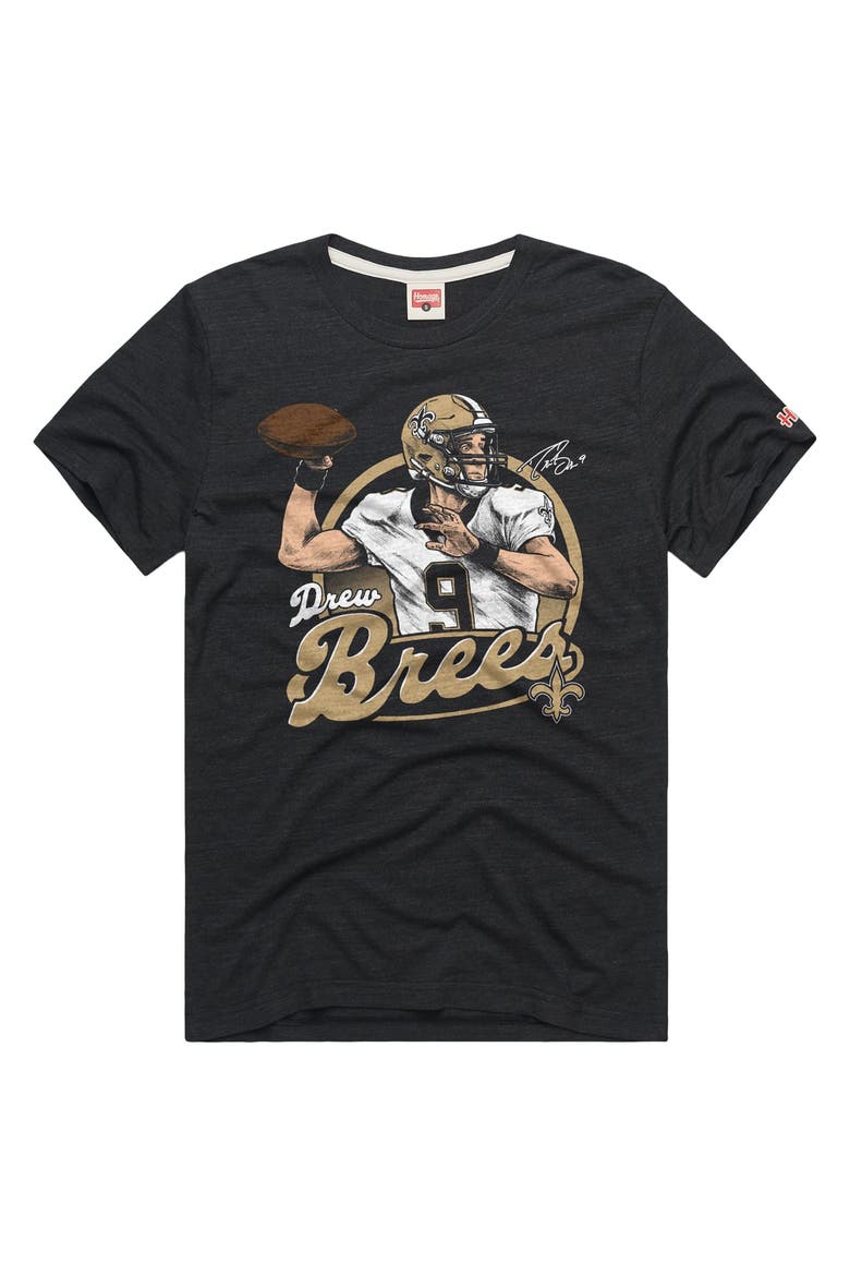 Unisex Homage Drew Brees Charcoal New Orleans Saints Classic Illustration Tri-Blend T-Shirt, Main, color, Charcoal