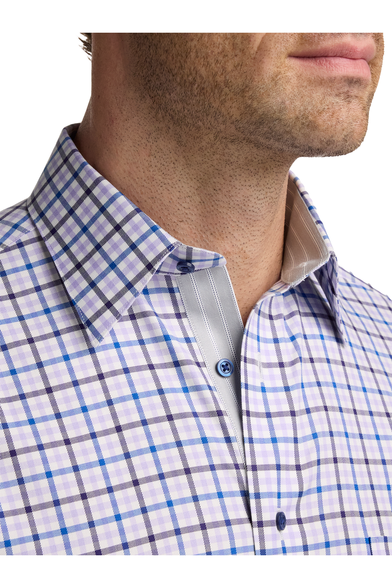 Cotton Poly Spandex Point Collar Twill Slim Contrast Trim Button Cuff Long Sleeve, Alternate, color, Purple/Blue