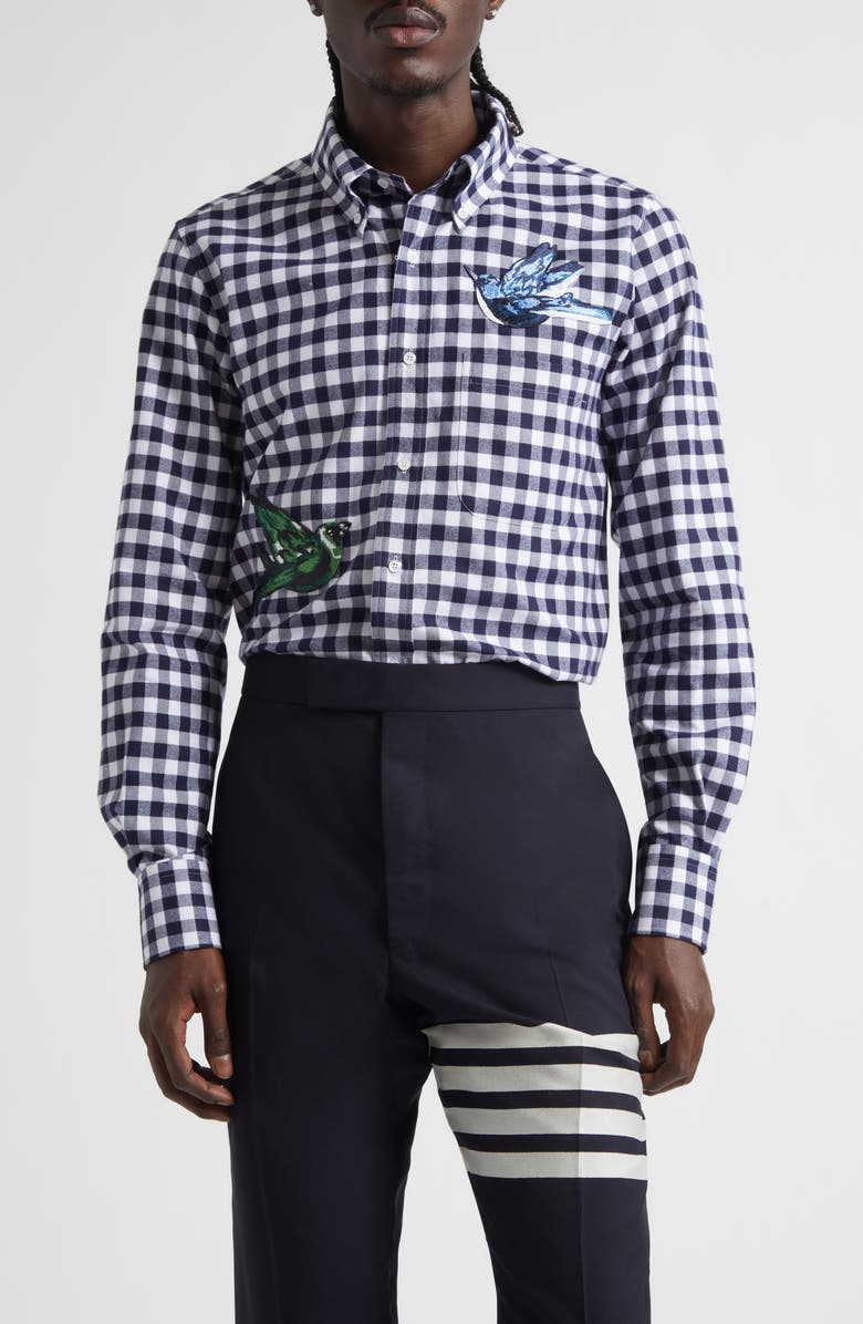 Thom Browne Bird Appliqué Gingham Straight Fit Cotton Flannel Button-Down Shirt, Main, color, Navy